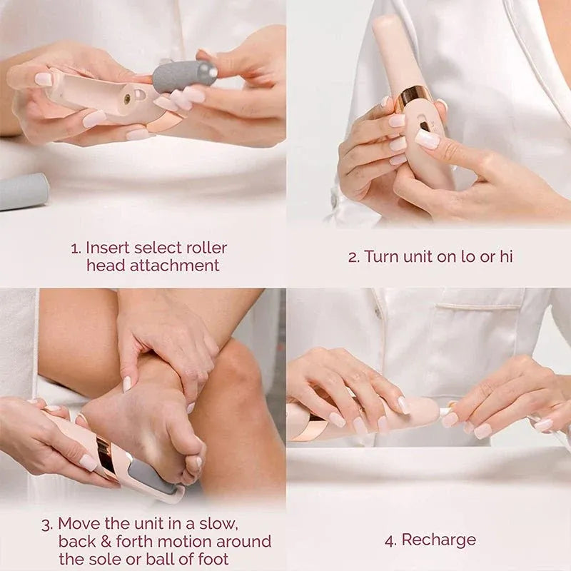Step-by-step foot file guide showing attachment, use and charging
