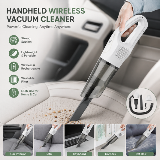 Portable white cordless vacuum cleaning crumbs from a car seat