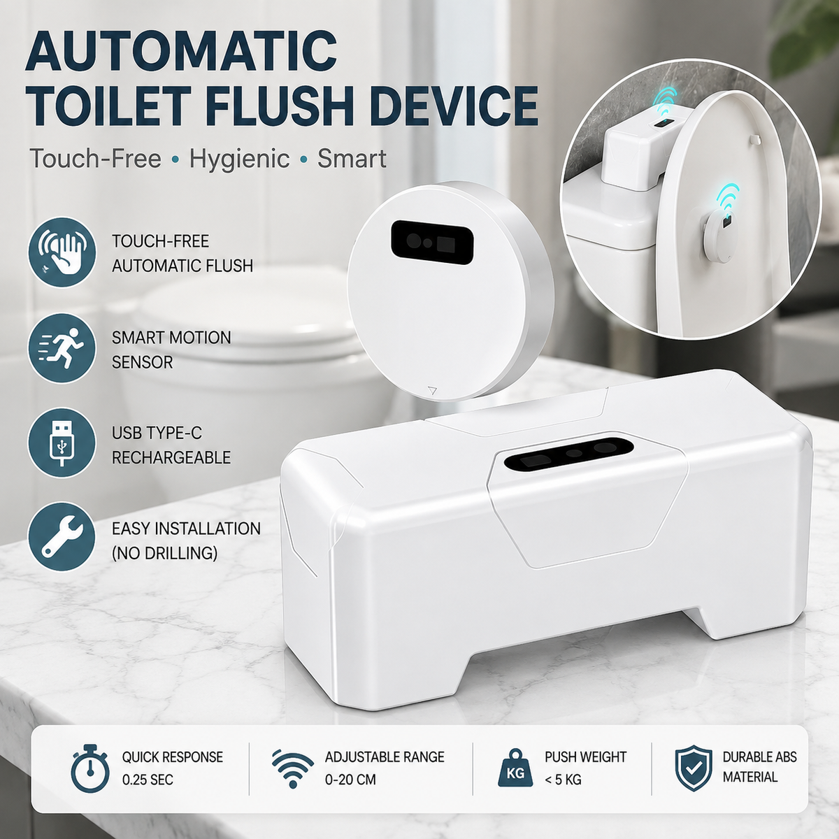 Touchless toilet flush devices with sensor and installation examples