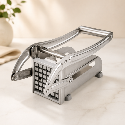 Stainless-steel potato cutter with lever handle on a counter