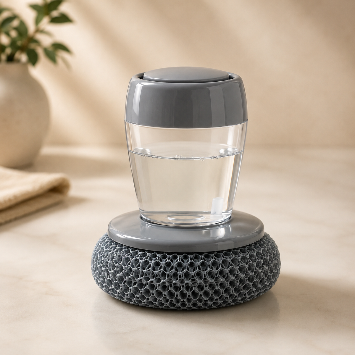 Soap dispensing dish brush with clear reservoir and grey scrubber