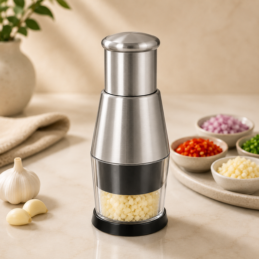 Manual garlic chopper with stainless-steel body and clear base