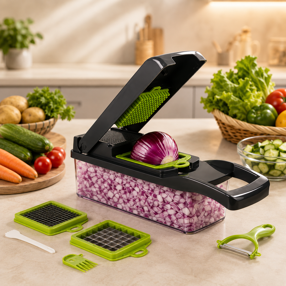 Vegetable chopper with onion, collection container and interchangeable blades