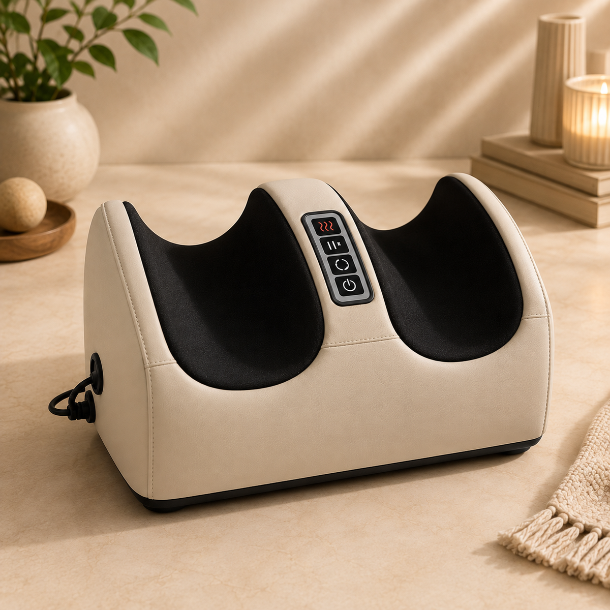 Electric foot massager with two foot openings and central controls