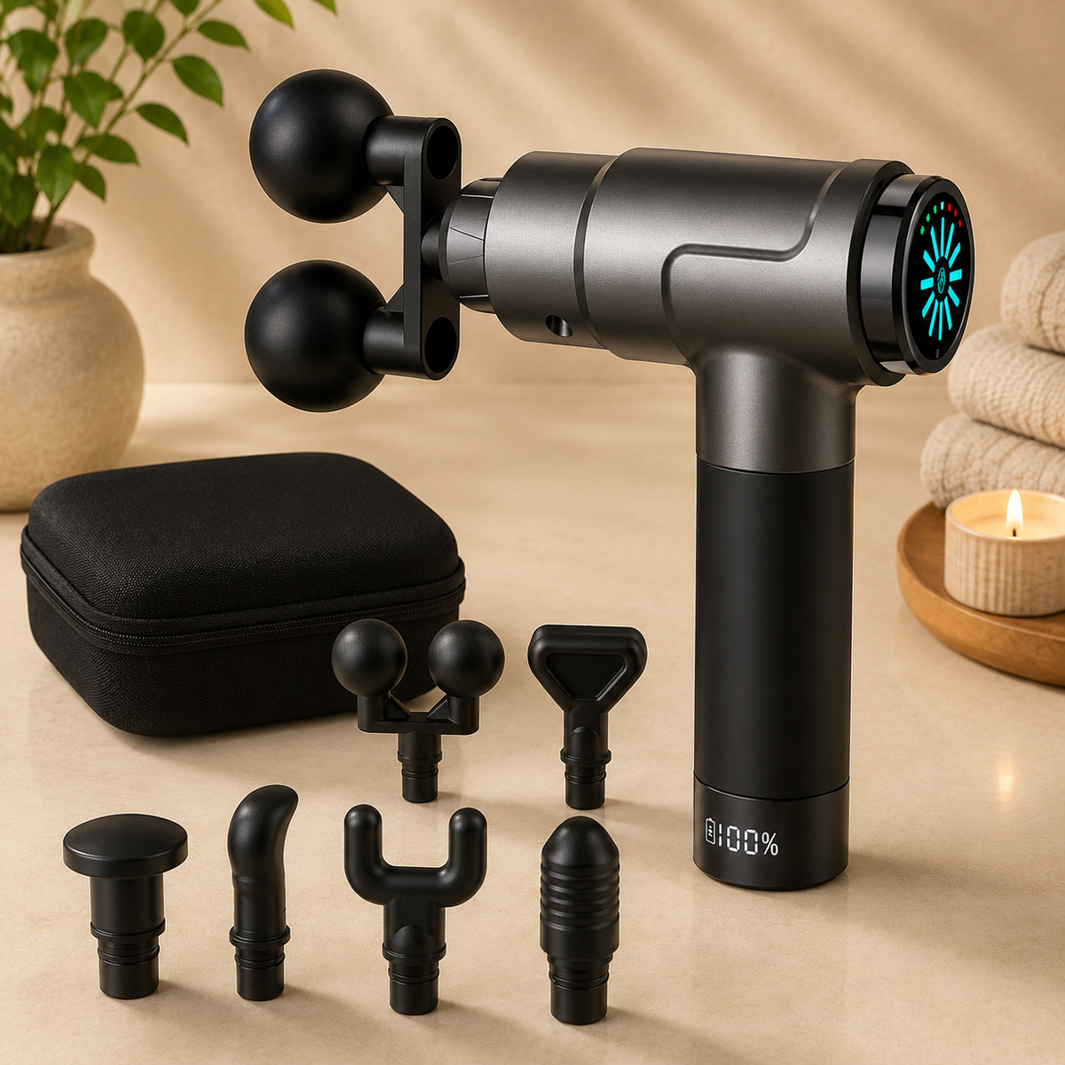 Double-head massage gun with carrying case and interchangeable attachments