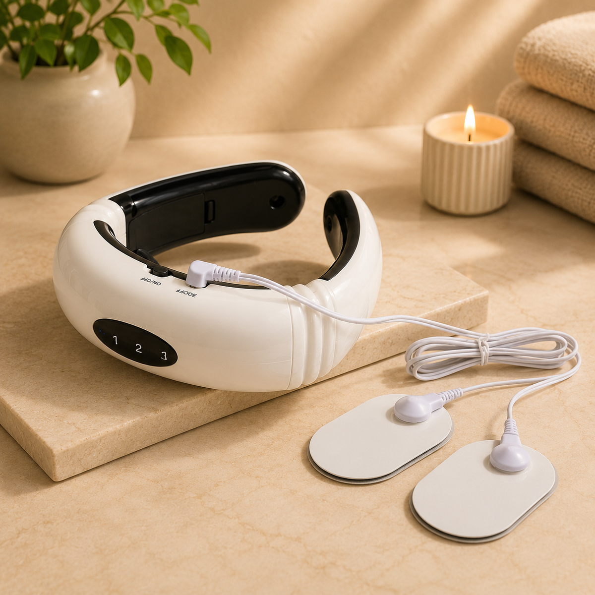 U-shaped neck massager with cable and electrode pads