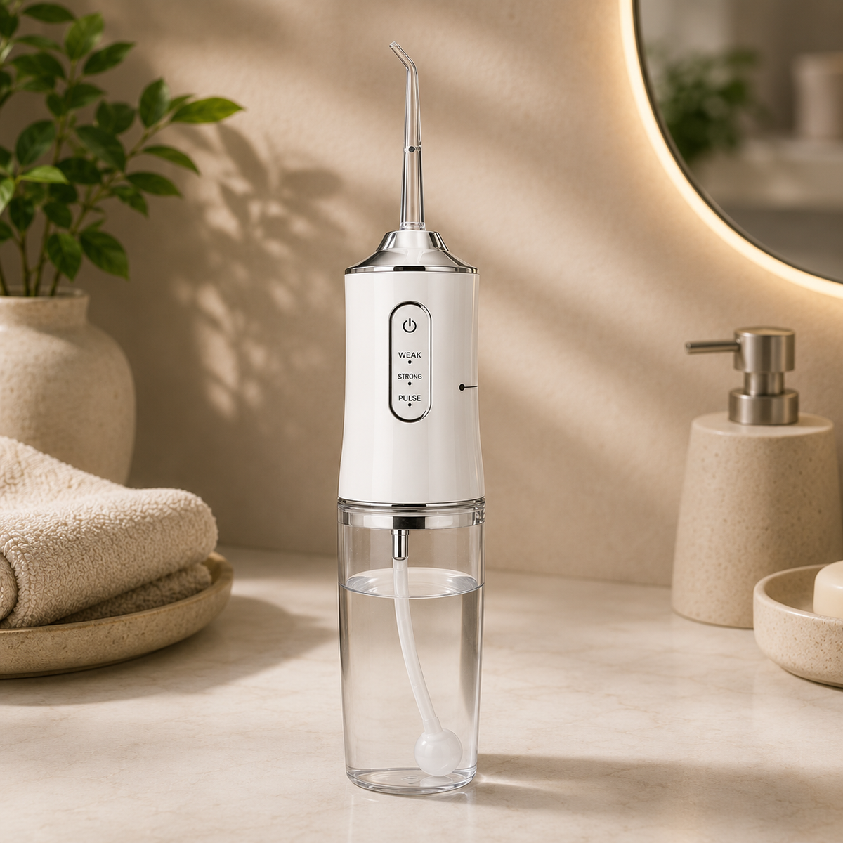 White water flosser with transparent reservoir on a bathroom counter