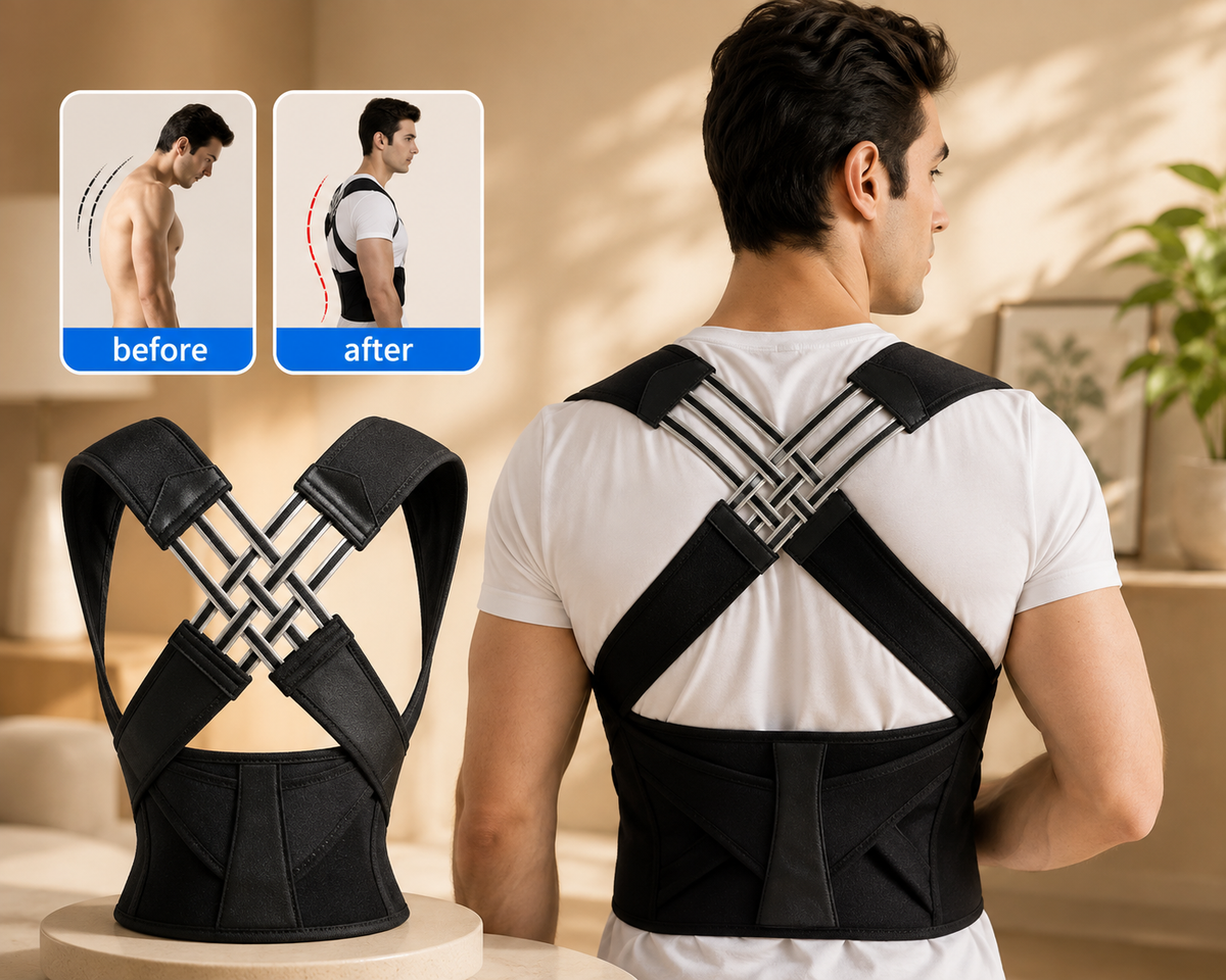 Black adjustable posture corrector worn over a white shirt