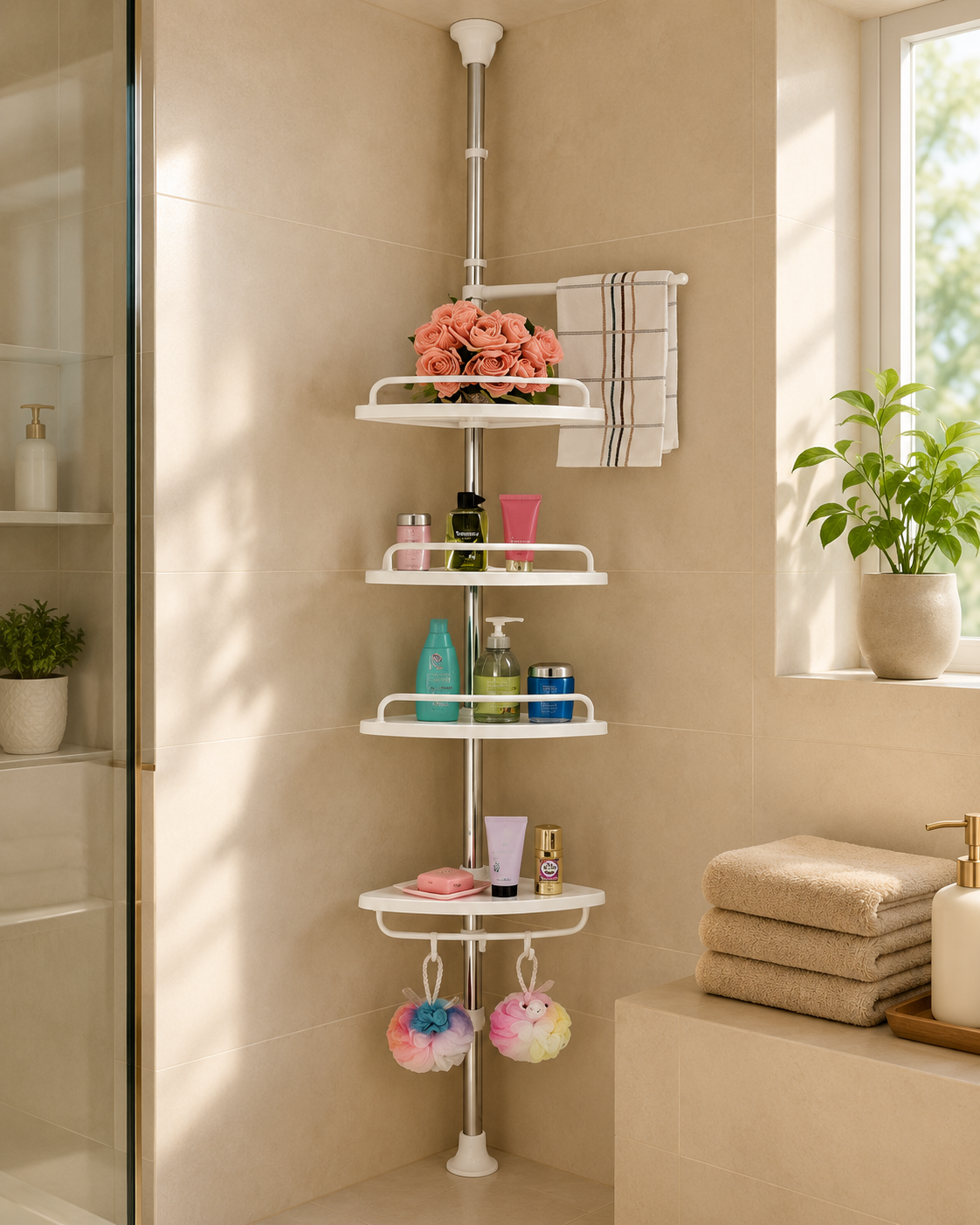 Four-tier corner shower shelf holding toiletries in a bathroom