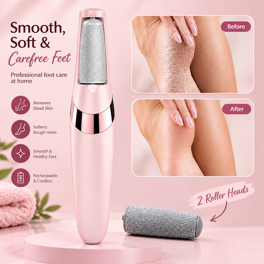 Pink electric foot callus remover with spare roller and heel-care illustration