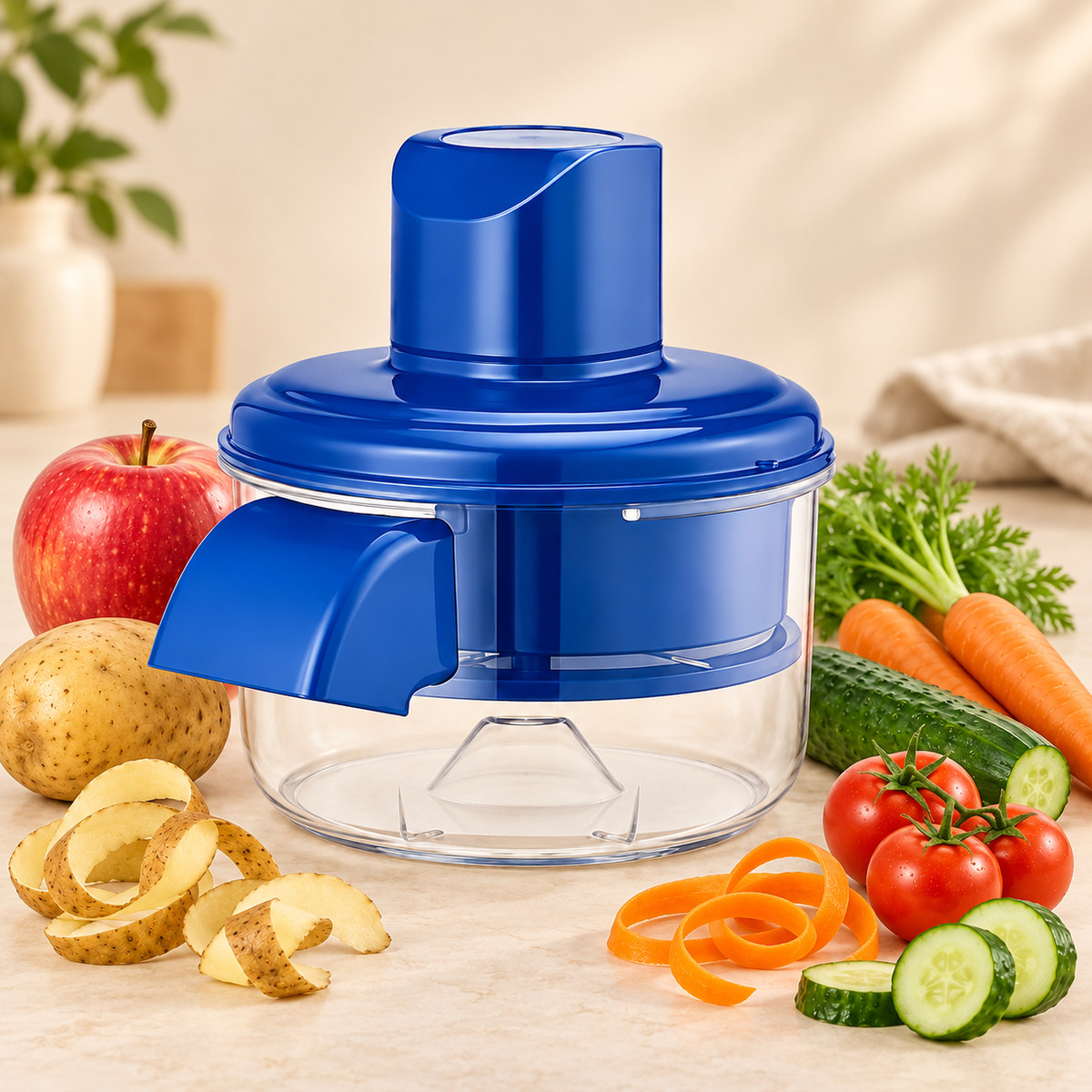 Blue electric fruit and vegetable peeler with transparent bowl beside produce
