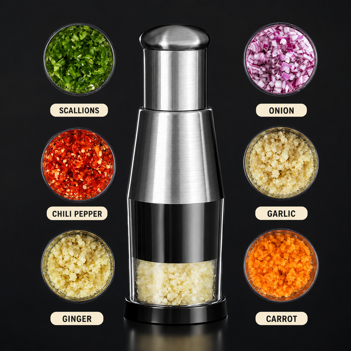 Garlic chopper surrounded by chopped herbs and vegetables
