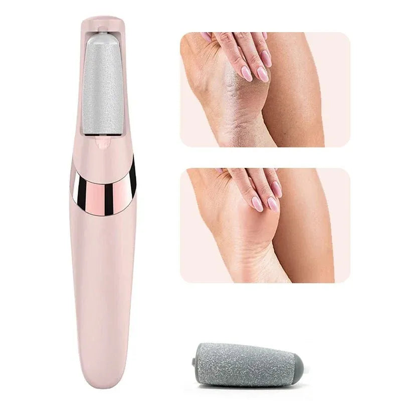Pink electric foot file with roller head and heel-care examples